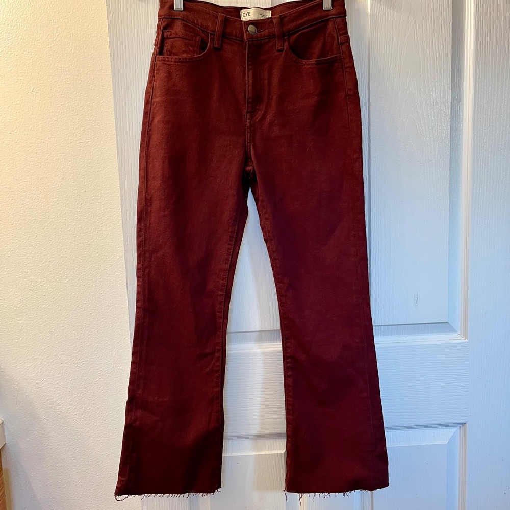 Current/Elliott The Boulevard Bootcut Pinot Red Womens 25 Jeans Raw Hem Flared